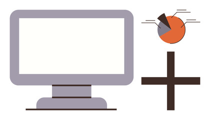 Poster - Computer monitor, orange pie chart with labels, and a plus sign. Ideal for technology, statistics, growth, business analysis, data visualization education and innovation themes. A simple flat