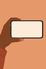 Poster - Black woman hand holding smartphone horizontally. Mobile phone with blank white screen for mockup template. African American person using device. Modern flat vector illustration.