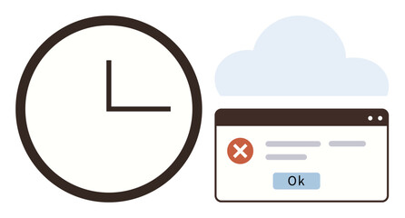 Poster - Analog clock beside error message window with cloud backdrop, highlighting themes of time, failure, deadlines, technology, data storage, troubleshooting, and productivity. Ideal for simple flat
