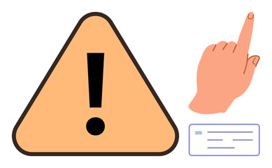 Poster - Exclamation mark in triangle paired with a pointing hand and notification card. Ideal for caution, notification, reminder, safety, alert, guidance, attention, and communication themes in a simple