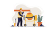 © Flatify Studio - An illustrative flat design depicts a construction worker carrying a wooden beam near a cement mixer, showcasing building and industry concepts in a modern, clean style.