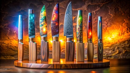 A stunning collection of artisan knives with vibrant, colorful handles and unique blades is displayed on a dark wooden surface