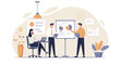 © Flatify Studio - Flat design illustration of a business team giving a presentation with charts and graphs on a landing page banner for marketing and web design.