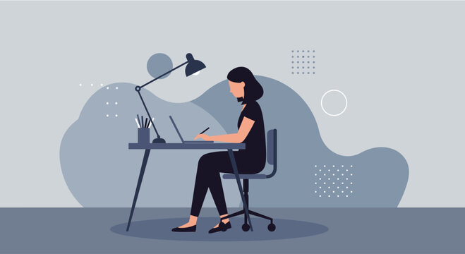 A woman works at a desk with a laptop and lamp, illustrating modern business and web design concepts with a flat style.