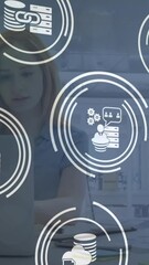 Poster - Animation of network of connections with icons over cacuasian businesswoman in office