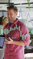 Poster - Animation of financial data processing over diverse business people discussing work at office