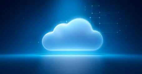 Poster - Cloud technology background with a glowing digital cloud icon on a blue, abstract futuristic tech A simple and minimalistic banner design for the web site presentation of software Generative AI