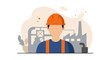 © Flatify Studio - Flat design illustration of a construction worker in an orange helmet against a factory background, perfect for business marketing.