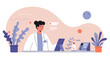 © Flat World Studio - A female doctor in a white coat is working on a tablet in her office, surrounded by plants and medical equipment, in a modern, minimalist style.