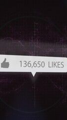 Poster - Animation of like icon with increasing numbers and digital wave against black background