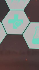 Poster - Animation of scientific data processing with medical icons over dark background