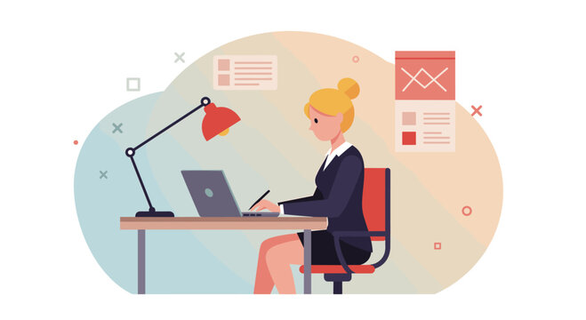 A professional businesswoman is hard at work, designing a modern landing page, creating a marketing banner, and developing a business presentation using a laptop in a flat design style.
