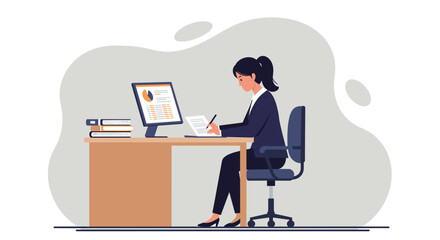 businesswoman working on a marketing presentation at her desk, using a computer and taking notes; fl