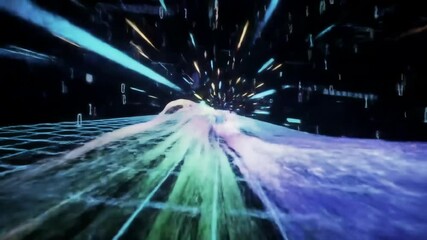 Digital tunnel with glowing lights and binary code abstraction