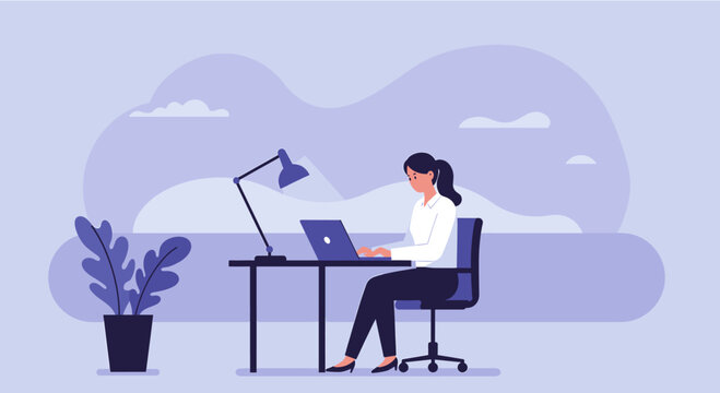 A woman works on her laptop at a desk with a lamp and plant, illustrating modern business and web design concepts.