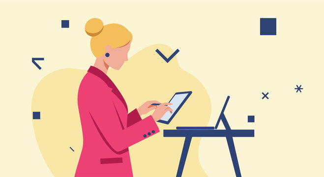 A professional businesswoman in a vibrant pink suit is actively working on a digital tablet, showcasing modern flat design for online marketing and web development.