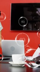 Poster - Animation of 6g texts in bubbles over diverse coworkers analyzing reports in office