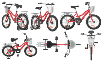 Poster - Red kids bicycle with training wheels and basket, from multiple angles. 3D rendering isolated on transparent background