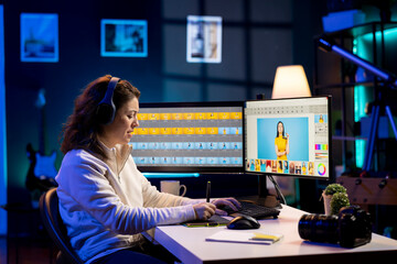 Poster - Expert photo editor enhancing images with precision using graphic tablet in home studio, listening music. Professional photographer wearing headphones expertly refining pictures using editing tools