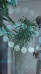 Poster - Animation of data processing and dna strand over diverse doctors talking