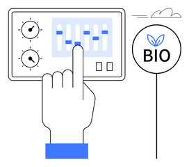 Poster - Hand operates control panel with dials and sliders, next to a bio label with leaf icon. Ideal for sustainability, eco-tech, environment, innovation, biotechnology, green energy science. A simple