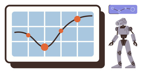 Poster - Robot stands by chart illustrating upward trajectory of data points on a grid. Ideal for technology, innovation, data analysis, robotics, progress tracking, AI advancements, simple flat metaphor