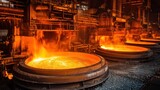 Molten metal pouring into large circular containers in a steel mill