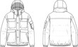 © Bokul Creatives - Hooded technical jacket front and back, cad drawing flat vector illustration, flap and zipper pockets, ribbed cuffs, structured outerwear design