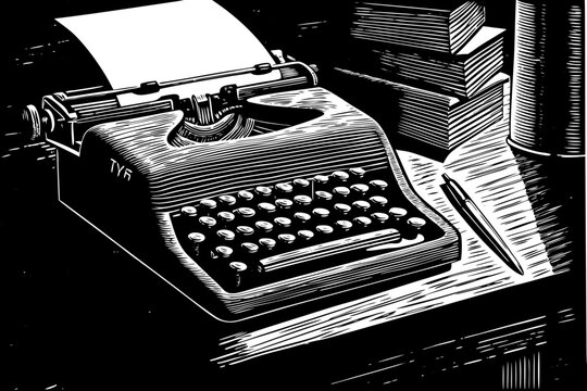 typewriter with a half-written page, ideal for writer blogs, vintage branding or creative content creation themes a black and white line art illustration
