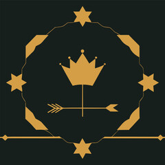 Poster - Golden crown and arrow emblem on black background geometric design