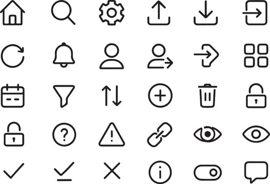 Collection of clean and modern outline icons representing common digital interface functions and user actions for web and app design