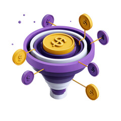 Poster - 3d financial funnel with gold and purple coins isolated on transparent background