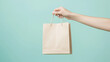 © Herma - Close up cropped female hold in hand brown clear blank craft paper takeaway bag mock up isolated on pastel plain light blue color wall background studio Service concept. Copy space advertising mock up