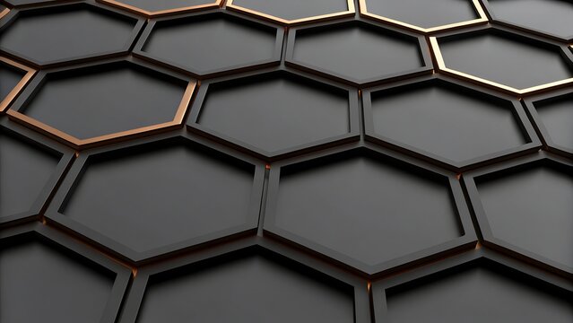 Close up view of a pattern of dark gray hexagons with gold trim and soft lighting
