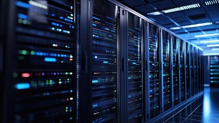 Poster - Modern data center server room with illuminated racks and high-tech infrastructure, ideal for cloud technology, IT service, network storage, and cybersecurity promotional visuals