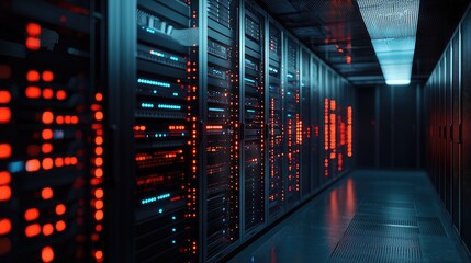 Poster - Futuristic data center hallway with red and blue LED server lights, ideal for cybersecurity visuals, tech infrastructure ads, cloud storage, AI systems, and digital network content