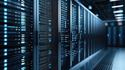 Poster - Blue-lit high-performance server racks in modern data center corridor, ideal for cloud computing visuals, IT services, secure hosting, and digital infrastructure marketing content
