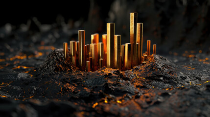 Poster - Golden structures rise from dark, textured surface, creating striking contrast with glowing elements, evoking sense of mystery and allure