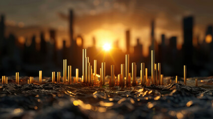 Poster - Golden bars rise dramatically against sunset skyline, creating striking contrast with dark landscape. scene evokes sense of growth and potential
