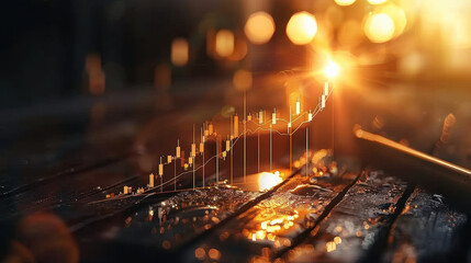 Poster - Financial graph overlaying reflective surface, illuminated by warm sunlight, symbolizes growth and success in economic metrics