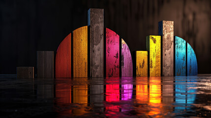 Poster - Colorful wooden bars and circles create vibrant asset allocation chart, reflecting beautifully wet surface, evoking sense of creativity