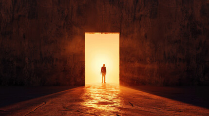 Poster - Silhouette of person standing in doorway, illuminated by warm orange light, creates sense of mystery and hope