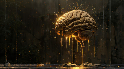 Poster - Golden brain sculpture surrounded by shimmering particles, creating surreal and captivating atmosphere. scene evokes sense of wonder