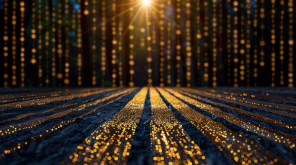Poster - Mesmerizing scene featuring shimmering golden lights cascading down in forest setting, creating magical atmosphere