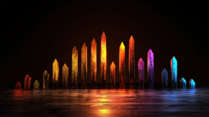 Poster - Colorful crystal formations arranged in wave pattern, reflecting light on dark background, creating vibrant and mystical atmosphere