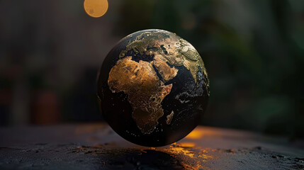 Poster - Detailed globe showcasing continents with focus on Africa, illuminated by soft lighting, symbolizes sustainability and global awareness