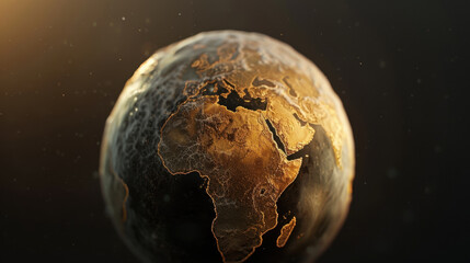 Poster - Stunning globe showcasing continents with golden texture, symbolizing global unity and environmental awareness