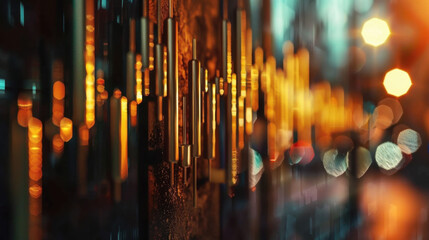 Fototapete - Abstract art featuring metallic vertical lines creating rhythmic pattern, illuminated by warm lights, evoking sense of movement and energy