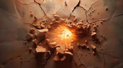 Poster - Light particles exploding from cracked surface create dramatic scene of destruction and energy, showcasing power of nature