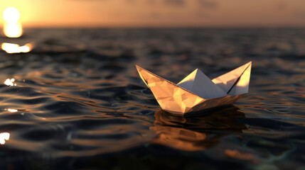 Poster - Paper boat floating on calm water during sunset, reflecting warm light and creating serene atmosphere